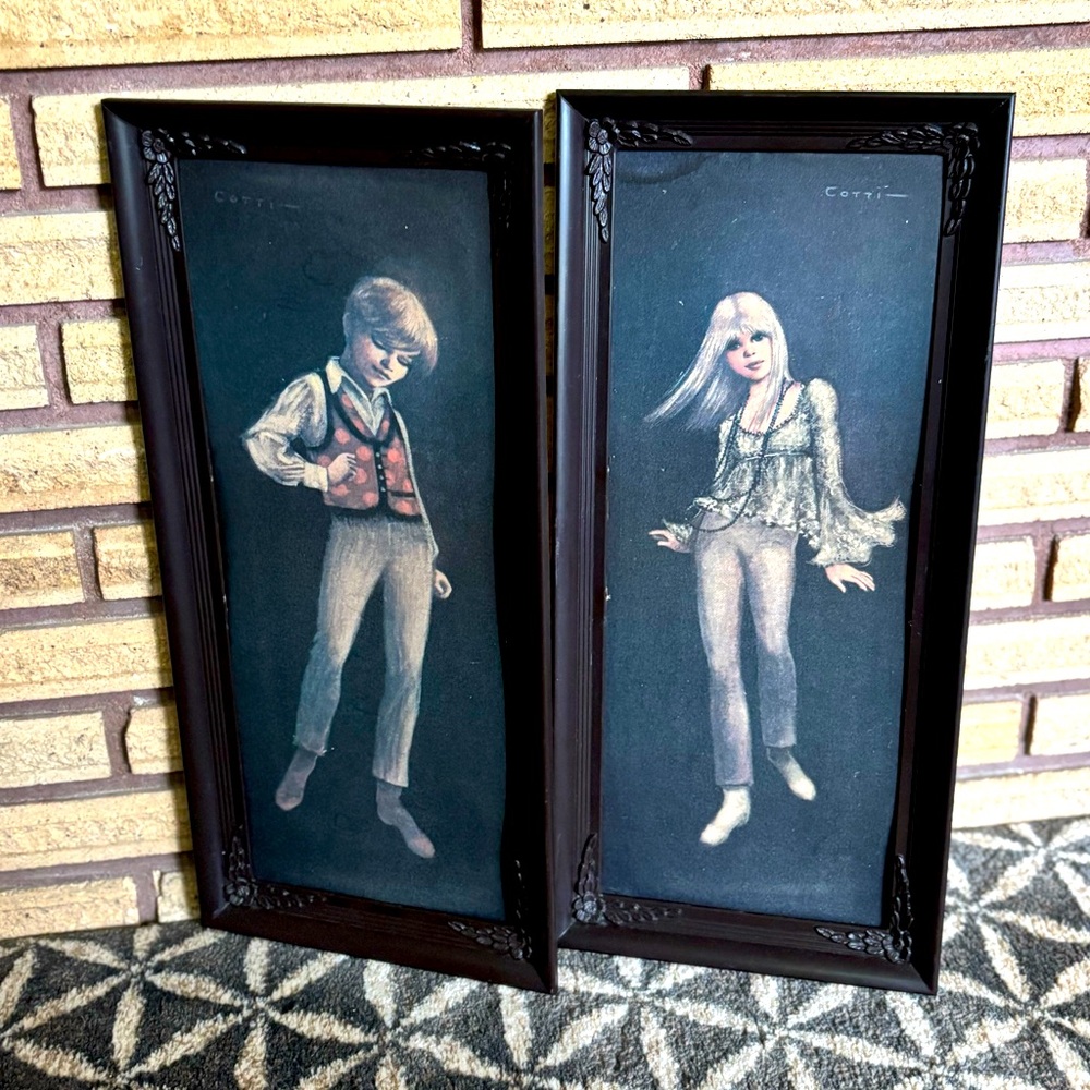 70's Disco Teens Framed Art Cards - pair - 70's Wall Art - Cotti Art - Teen Art